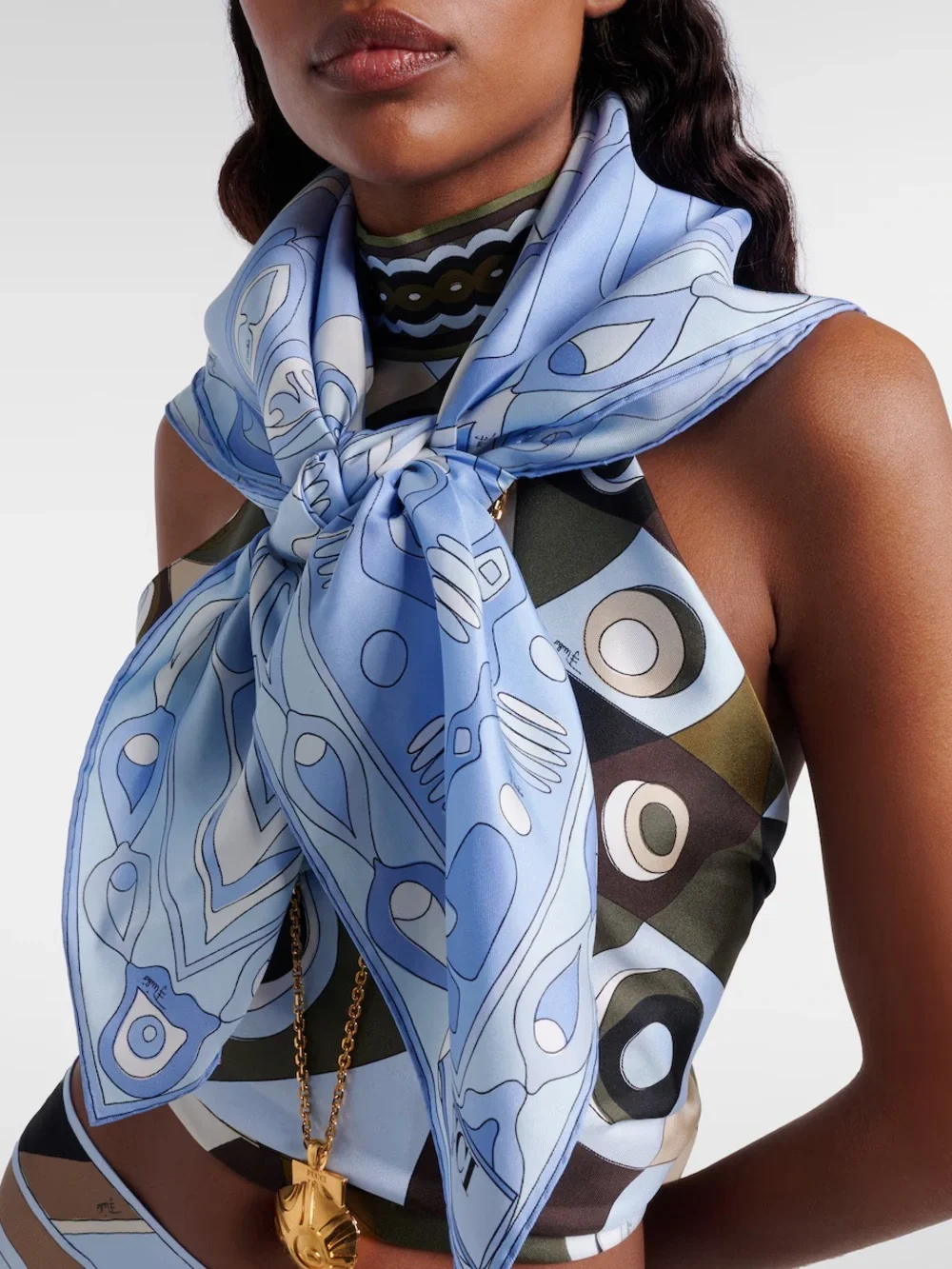 Blue Abstract Silk Scarf with White Accents